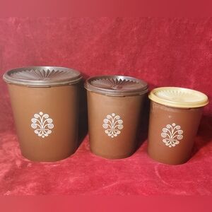 Vintage Tupperware Nesting Canisters Set (3) Brown Servalier w/ Lids